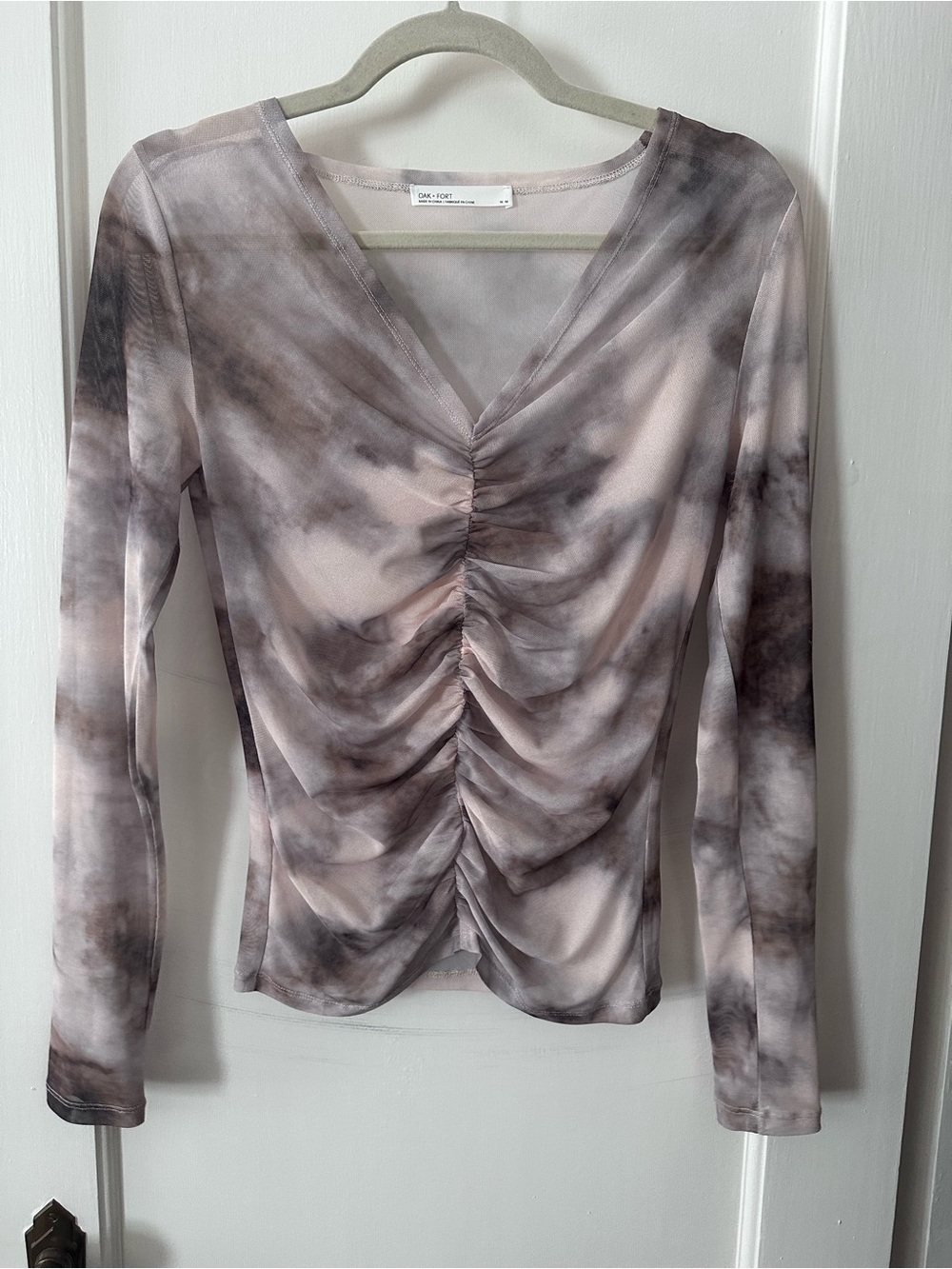 OAK + FORT Ruched V-Neck Sheer Long Sleeve Top